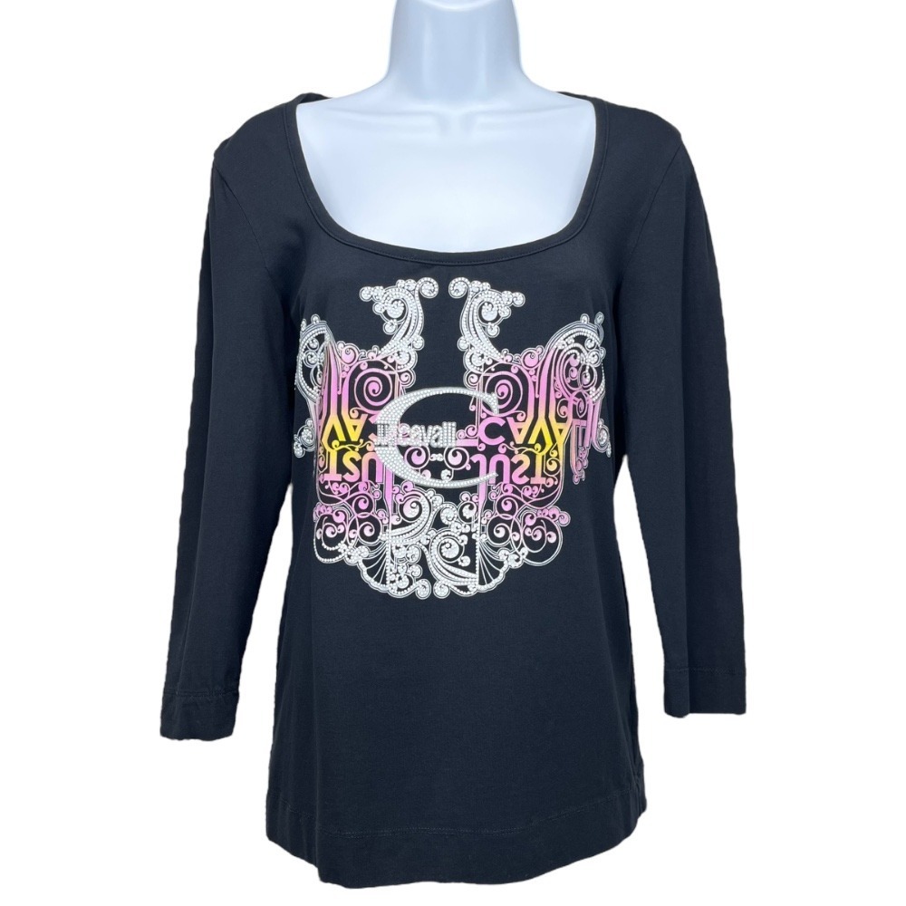 Just Cavalli Size 44 US 8(M) Black Graphic Pink Yellow Graphic Long Sleeve Top